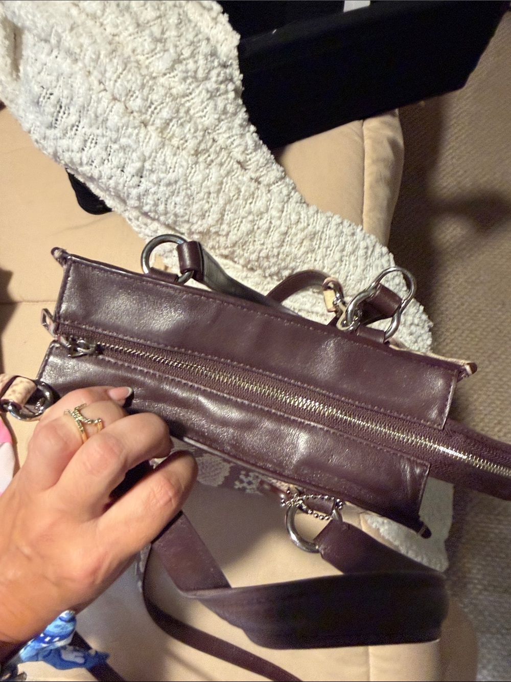 Coach Snake-Print python Satchel in Beige and Brown with Dark Brown Handles - Picture 6 of 9